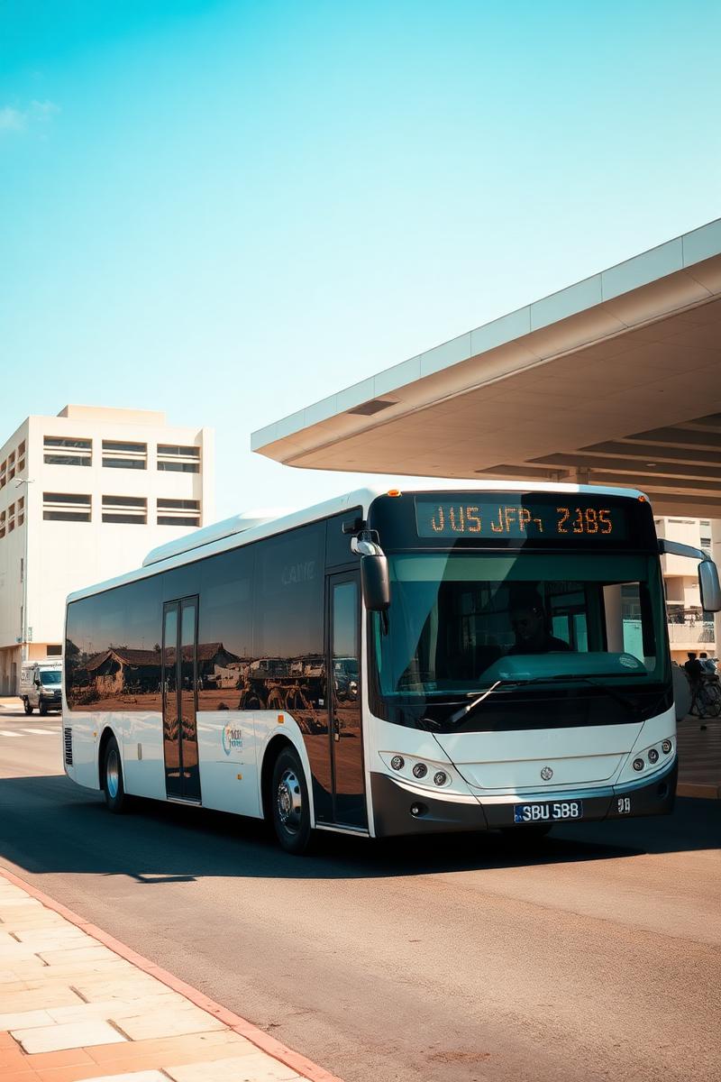 Modern city bus at a West African transit terminal