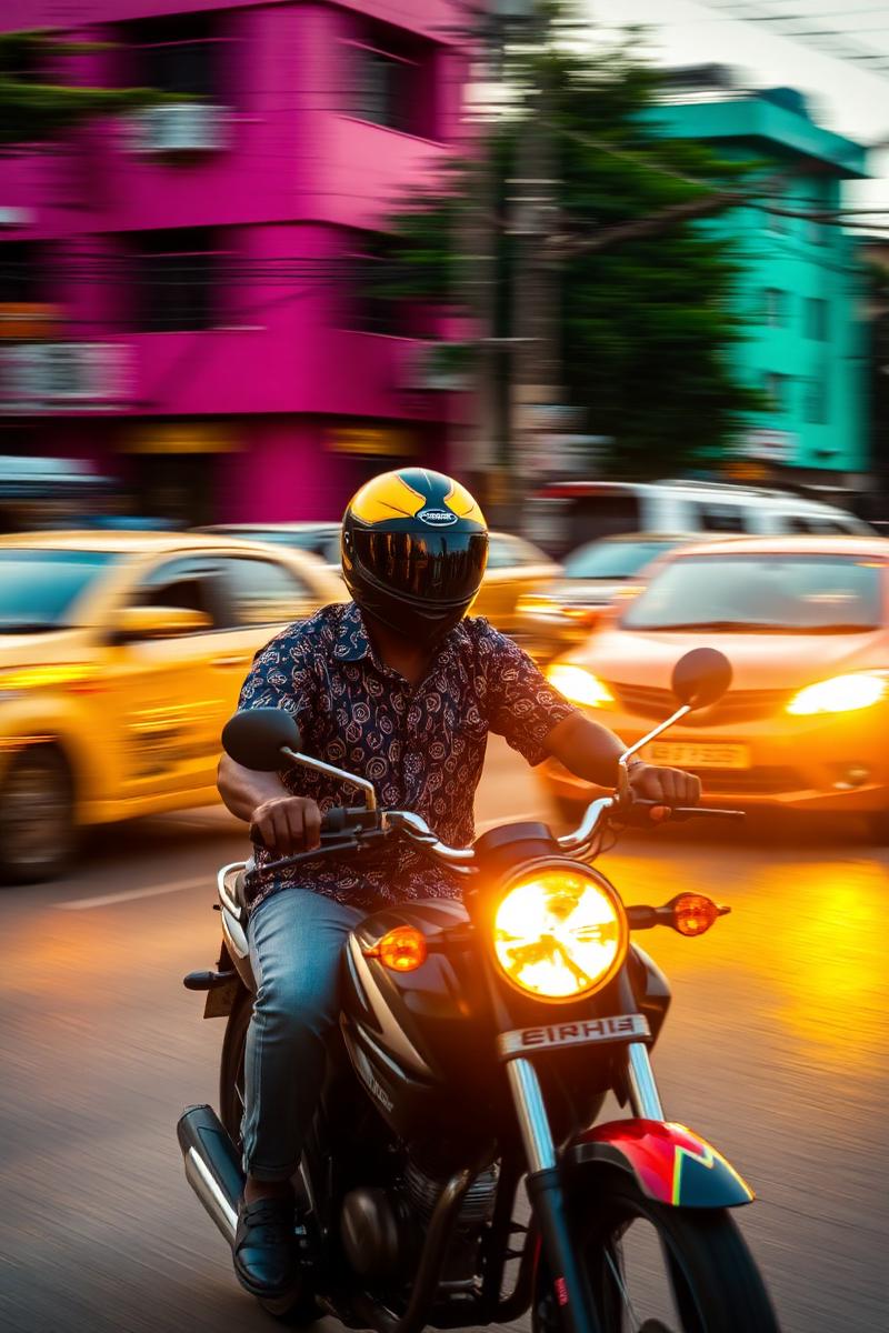 Okada motorcycle rider weaving through city traffic