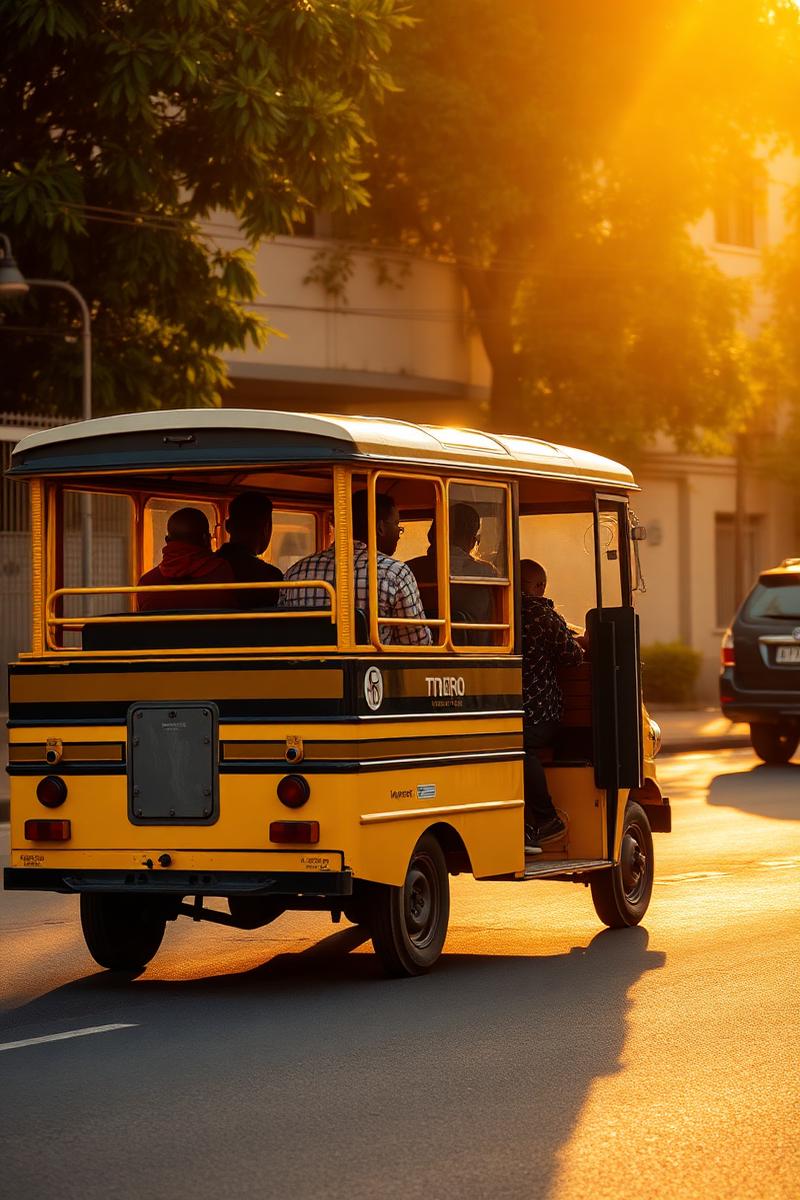 Yellow trotro minibus in Accra at golden hour